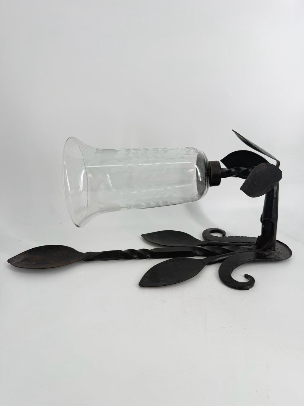 Black Glass & Wrought Iron Leaf Pair Of Candle Sconces