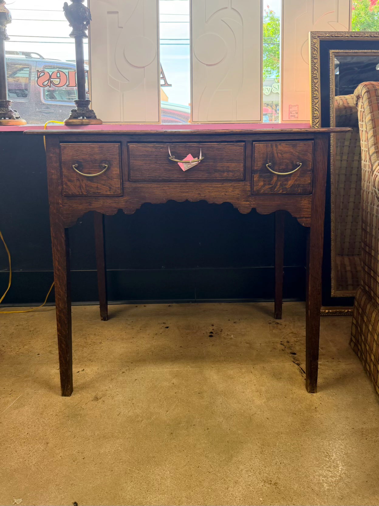 Medium Brown English Oak Occasional Table w/ 3 Drawers