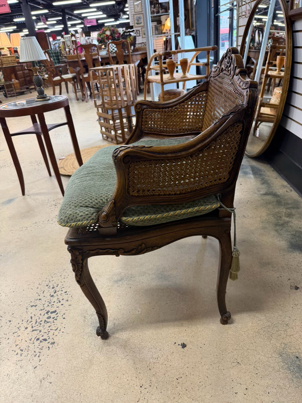 Louis XV Medium Brown Wood Chair w/ Cane Back & Seat Cushion