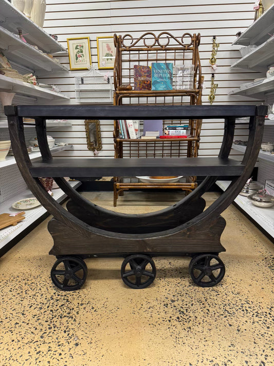 RESTORATION HARDWARE Black Wood & Iron Industrial Rolling Bar Cart