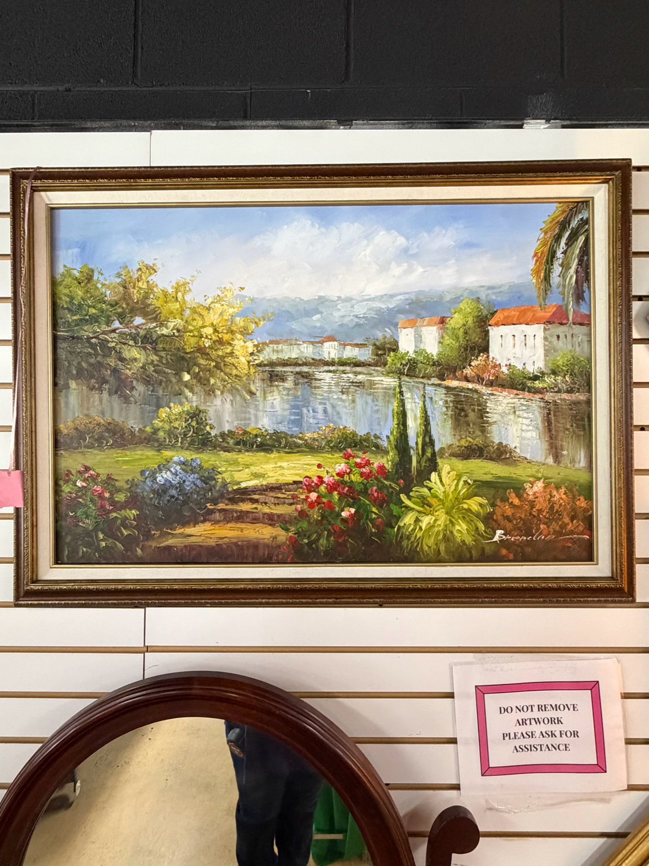 SIGNED Homes By The Lake Painting In Bronze Tone Frame