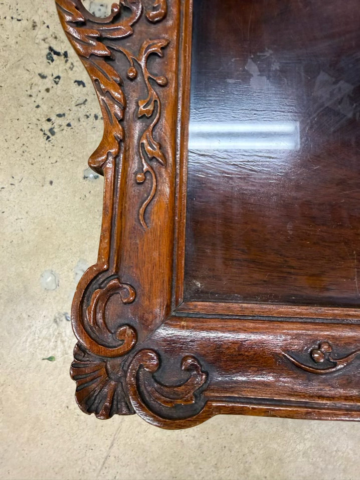 ANTIQUE Queen Ann Wood Carved Coffee Table w/ Removable Glass Serving Tray