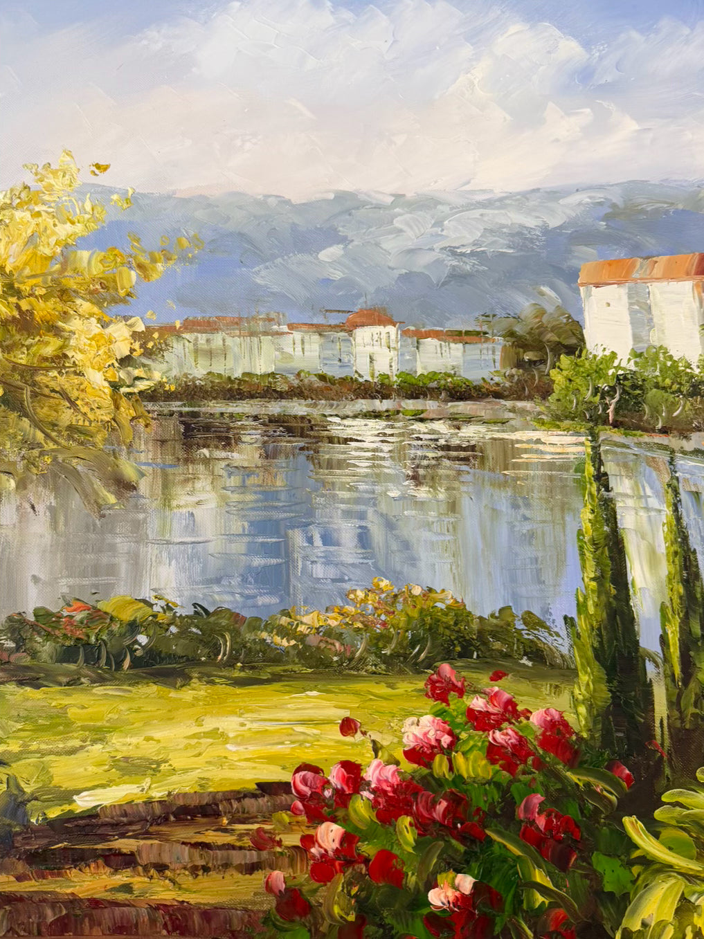 SIGNED Homes By The Lake Painting In Bronze Tone Frame
