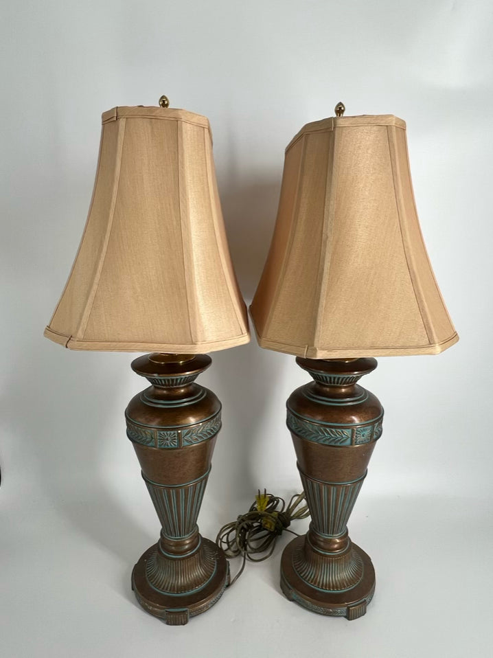 Gold & Aqua Metal Pair of Lamps w/ Shades