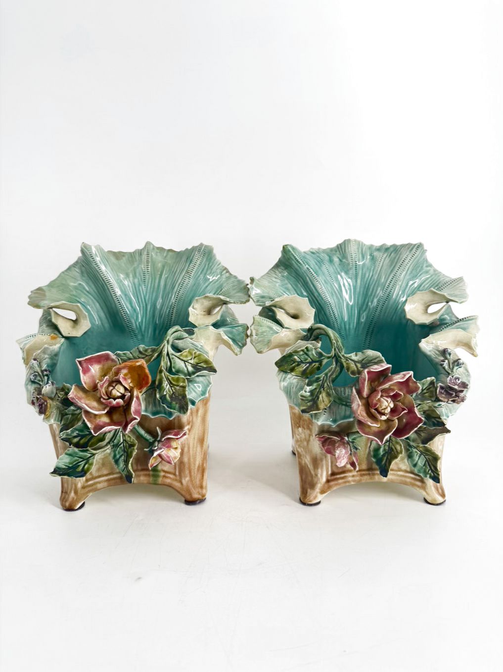 ENGLAND Aqua & Tan Majolica Pair Of Slip Pot Platters