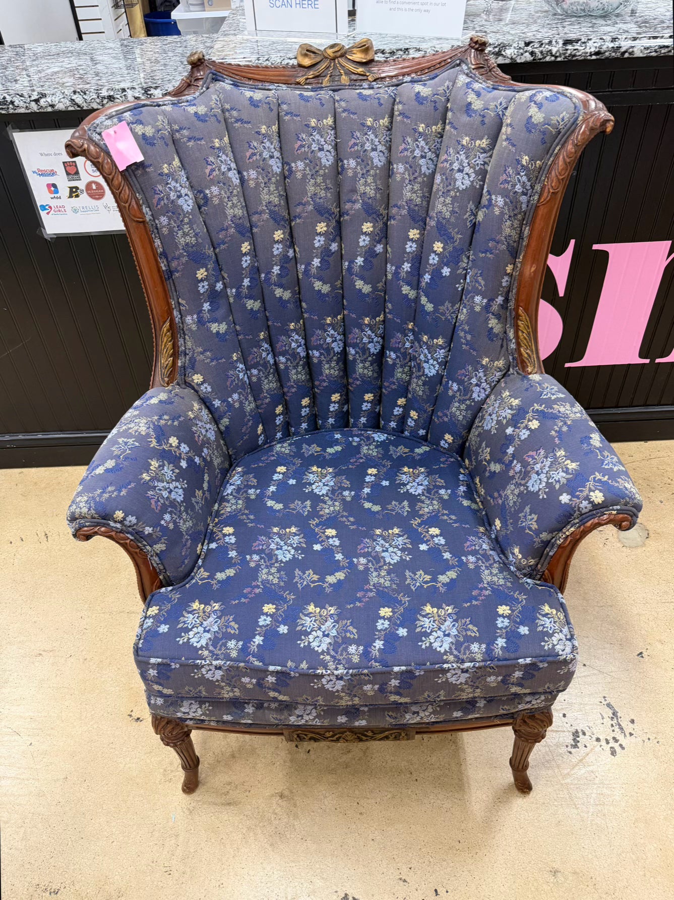 HOLLYWOOD REGENCY Blue, Yellow & Pink Carved Barrel Back Chair