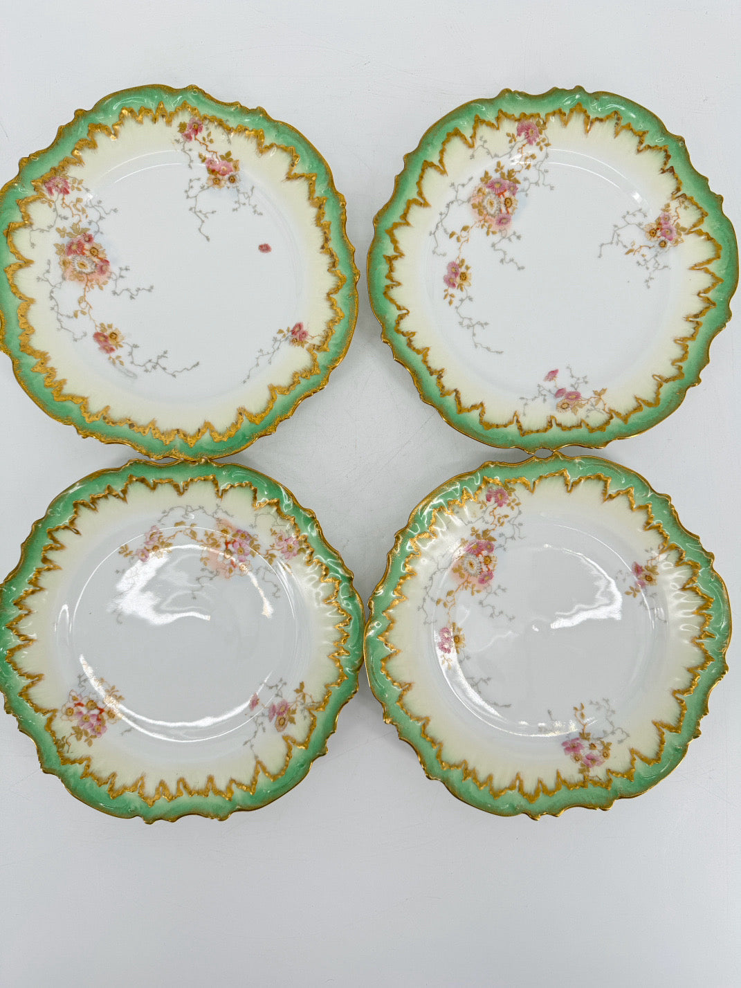 LIMOGES Green & Pink Porcelain Set of 4 Plates