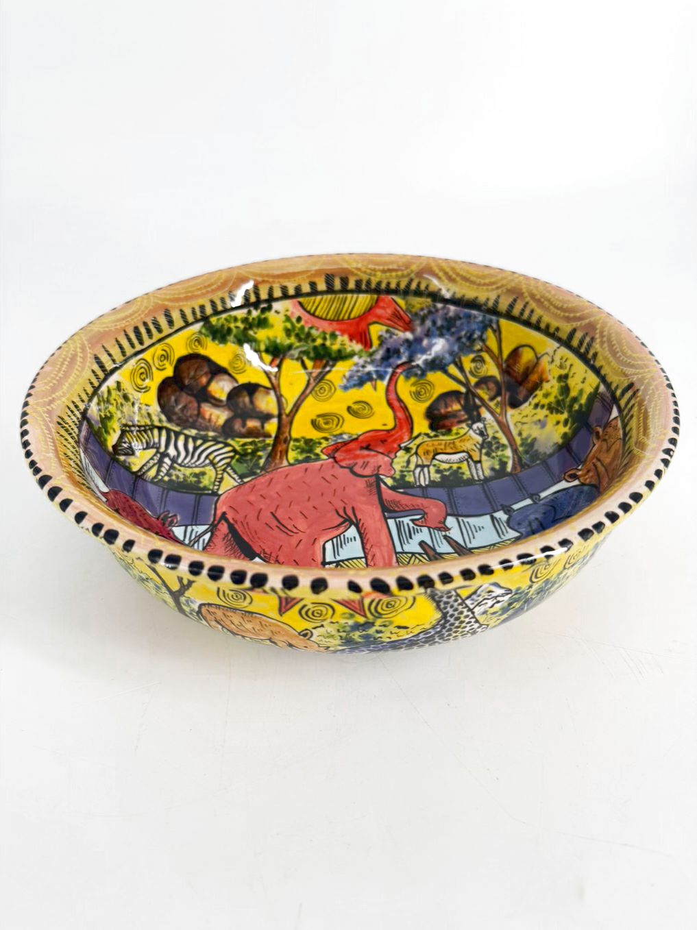 ZIMBABWE Multi Colored Hand Painted Jungle Animals Ceramic Bowl