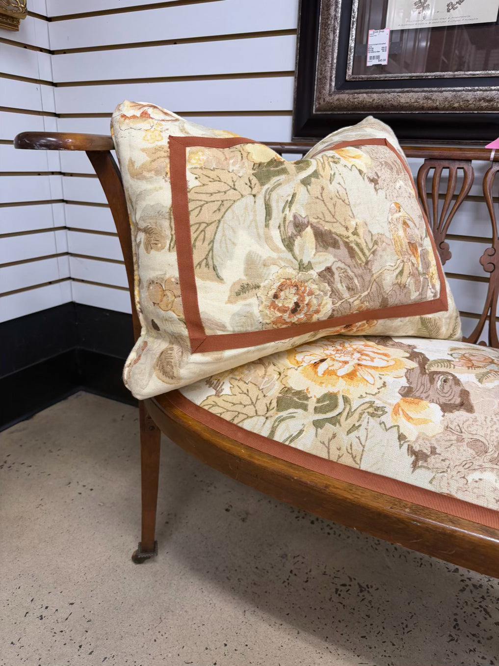 ANTIQUE Curved Wood Bench w/ Spindle Back & Pillows