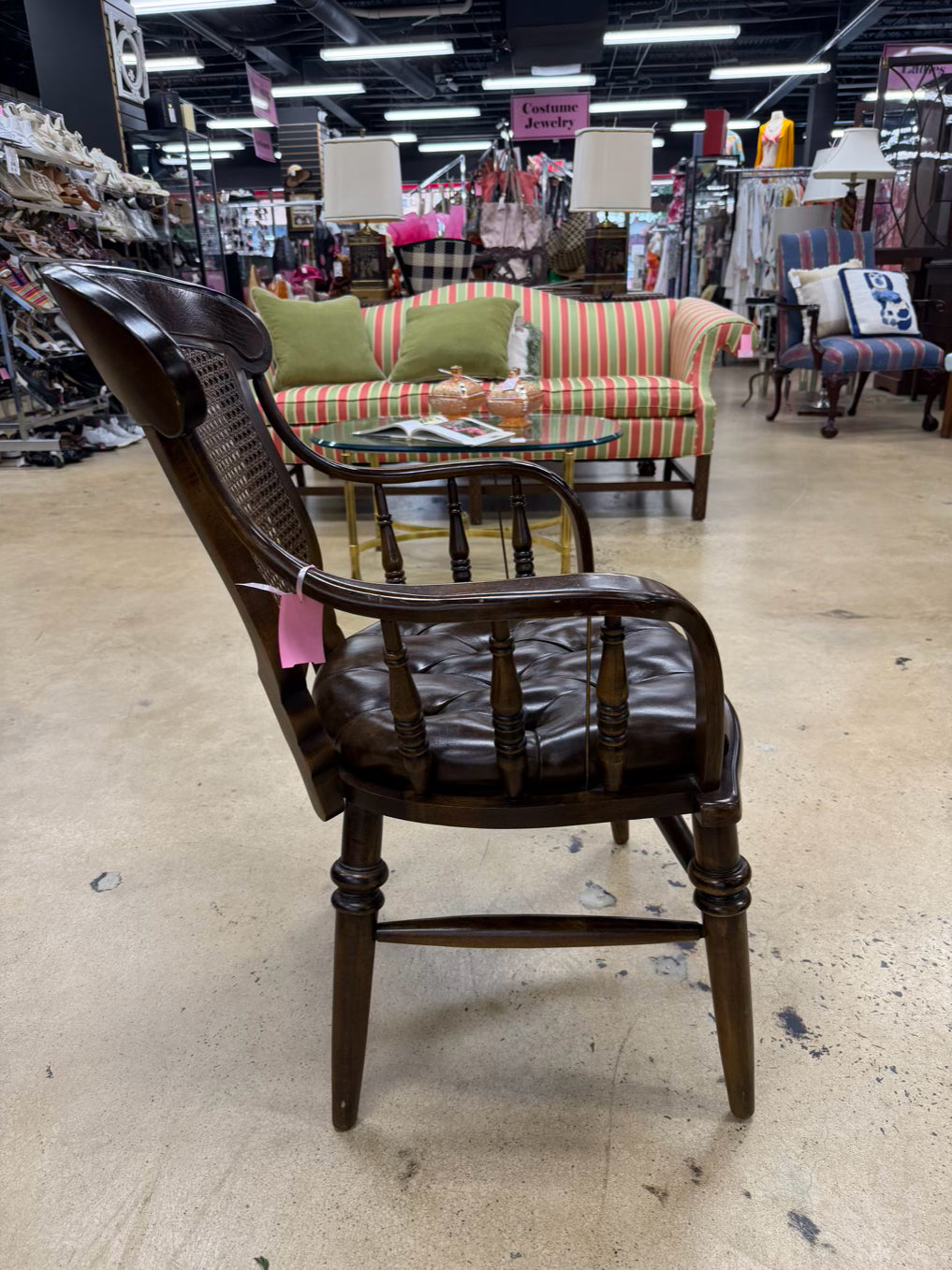 CENTURY Wood Captain Cane Back Chair w/ Brown Leather Seat