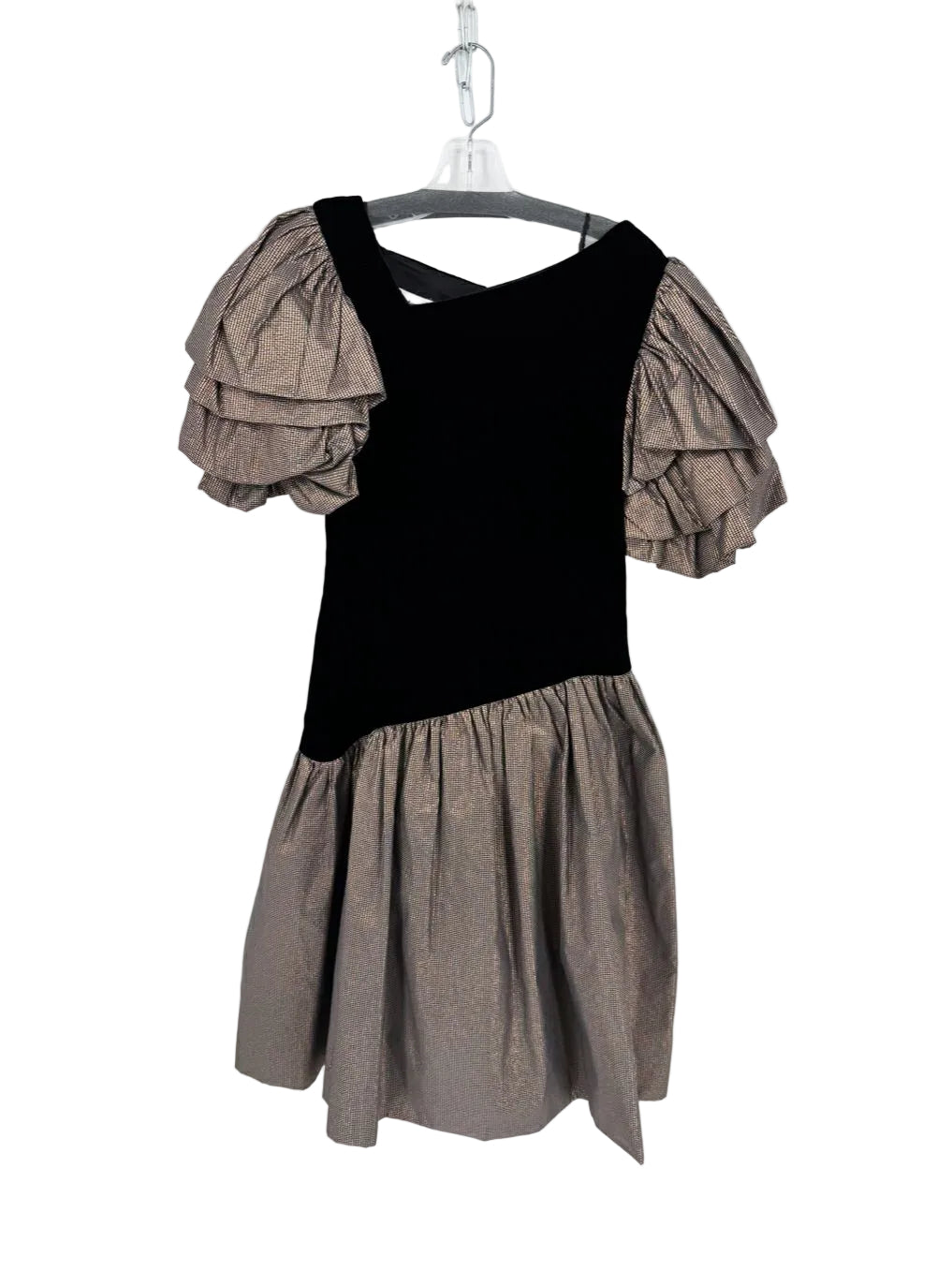 VINTAGE MORTON MYLES FOR THE WARRENS Wmn's Size 10 Black & Rose Gold Velvet Puff Sleeve Cocktail Dress