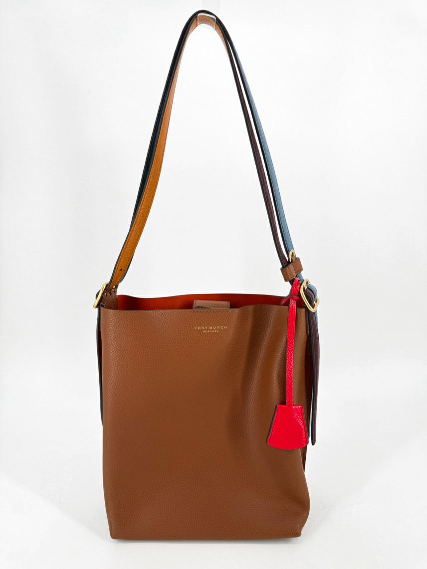 TORY BURCH Camel Leather 2-Strap Perry Bucket Bag