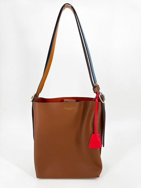 TORY BURCH Camel Leather 2-Strap Perry Bucket Bag