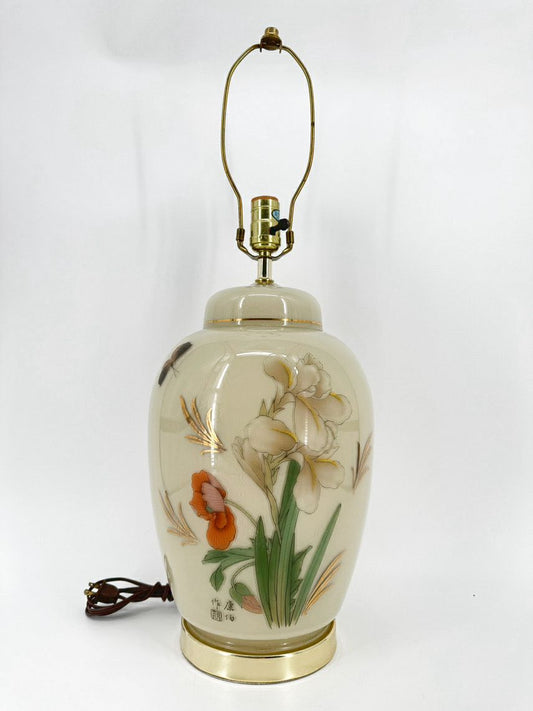 VINTAGE Orange & Green Glass Flowers Ginger Jar Lamp