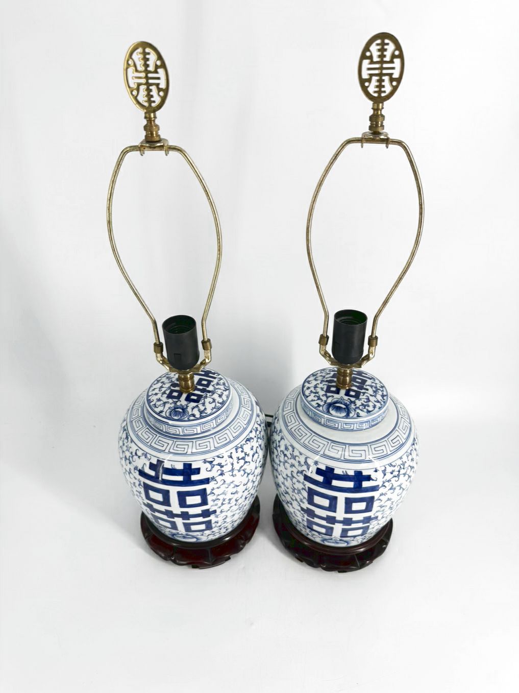 Blue & White Oriental Inspired Ceramic Ginger Jar Pair of Lamps w/ No Shades
