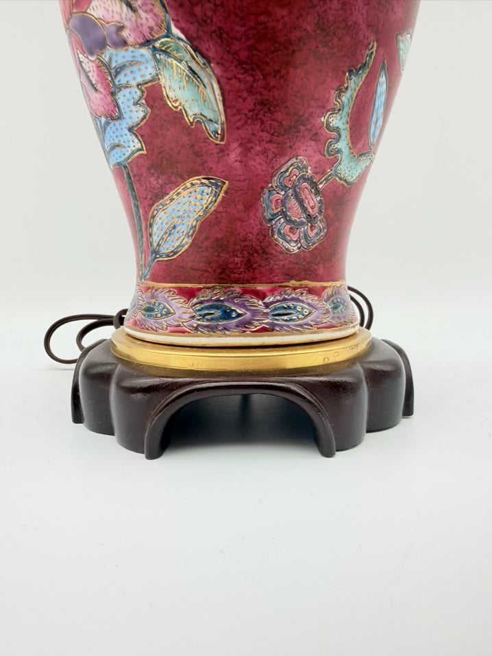 Burgundy & Blue Porcelain Jar Asian Inspired Lamp On Brown Wooden Base