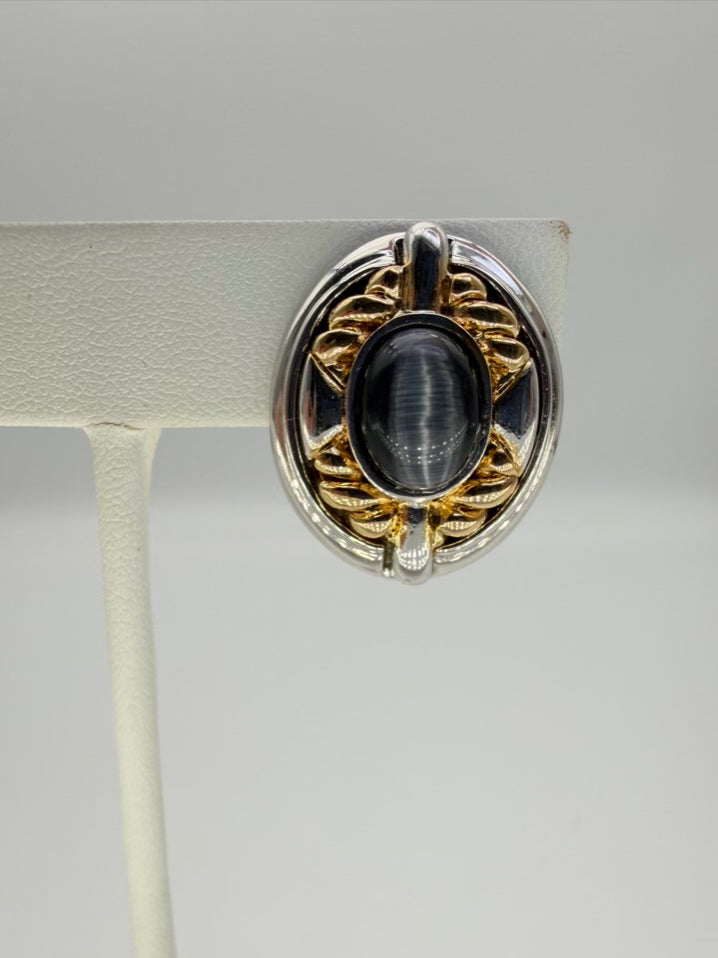 ST. JOHN Silver & Gold Tone Clip On Earrings w/ Black Gemstone