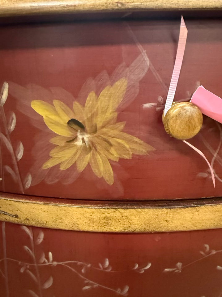 Red & Gold Demilune Birds Cabinet w/ Drawer
