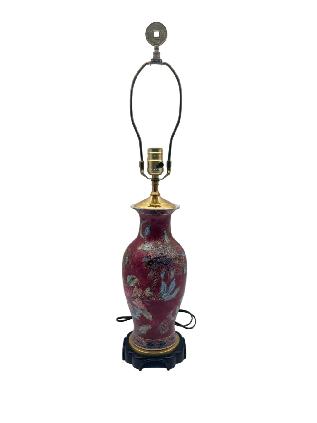 Burgundy & Blue Porcelain Jar Asian Inspired Lamp On Brown Wooden Base