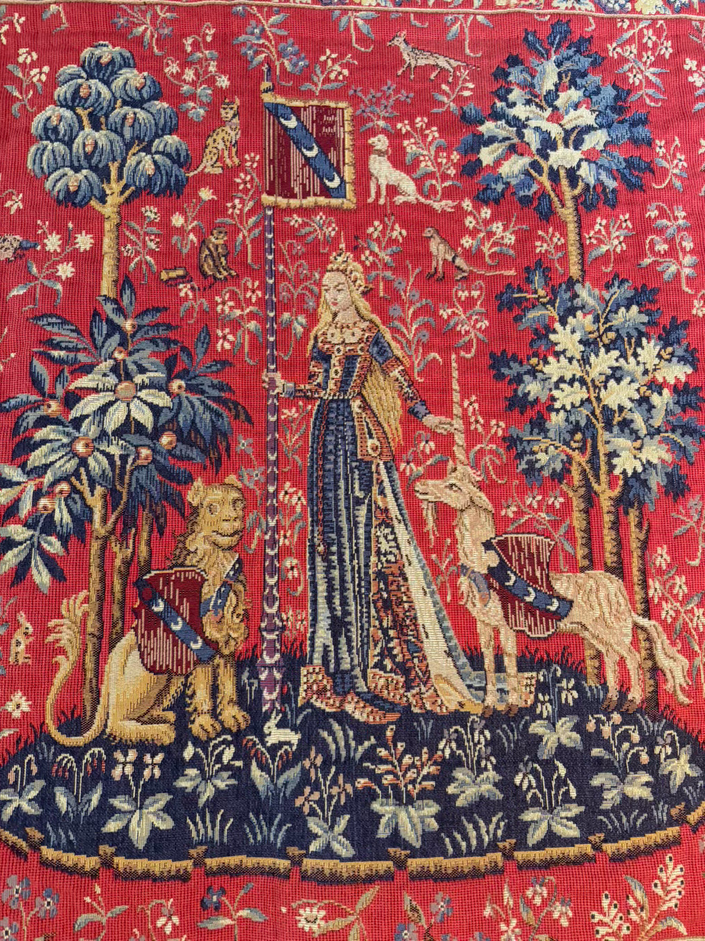 Red & Gold French Lady With Unicorn Fabric Tapestry