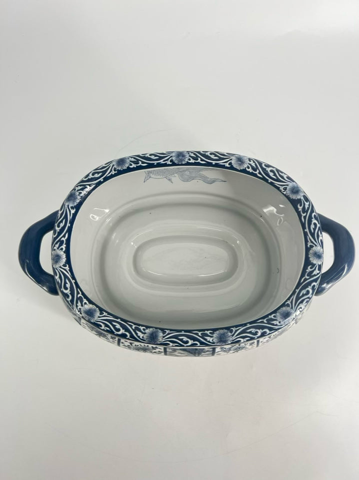 Blue & White Porcelain Oval Chinoiserie Foot Bath W/ Fish Handles