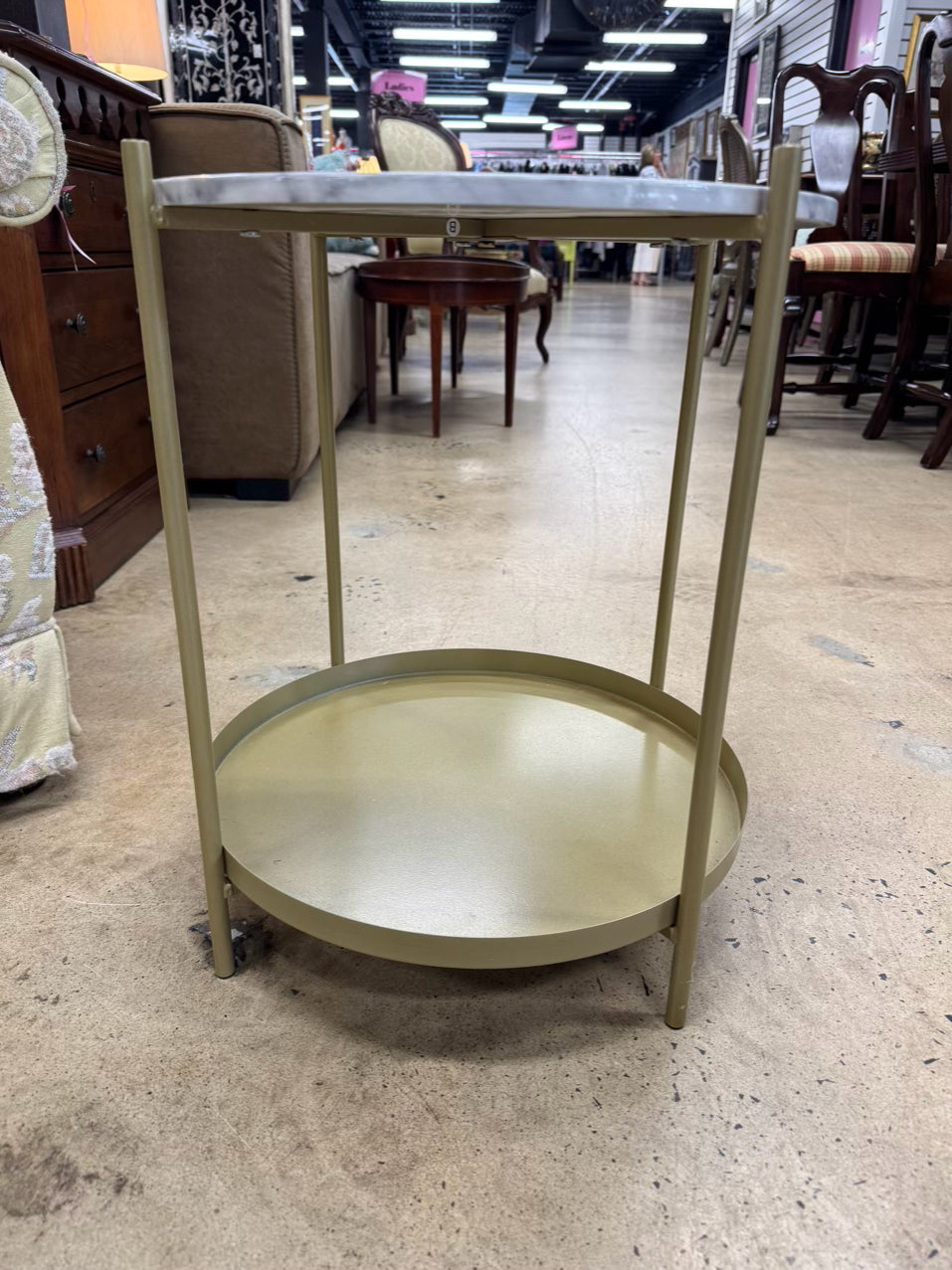 Gold & White Metal & Faux Marble Top Round Occasional Table