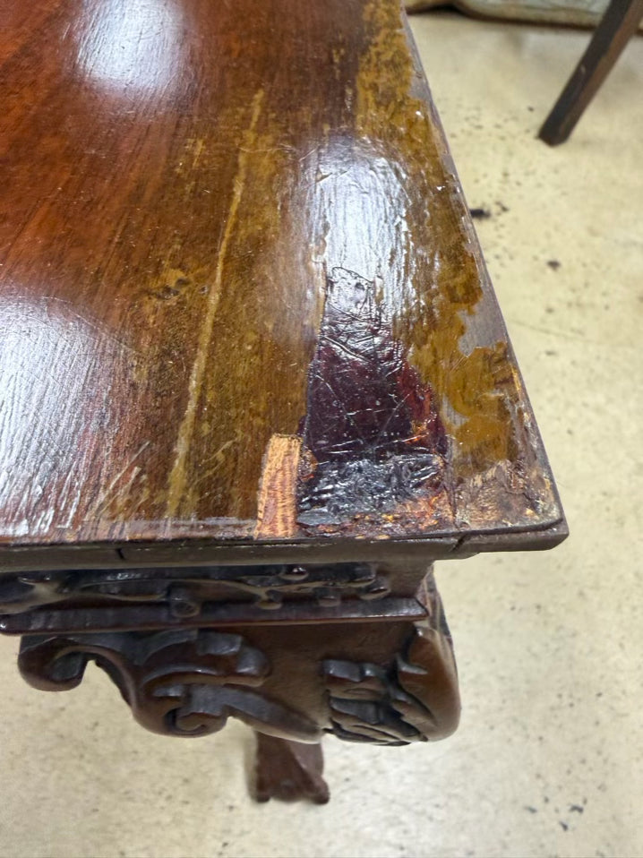 ANTIQUE Queen Ann Wood Carved Coffee Table w/ Removable Glass Serving Tray