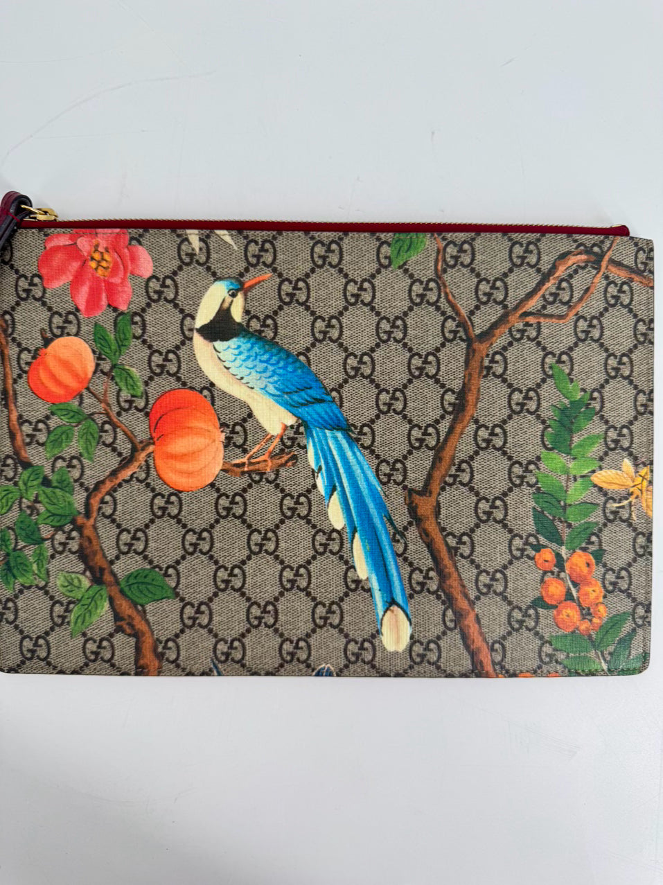 GUCCI Red & Brown Handpainted Tian GG Supreme Zip Pouch