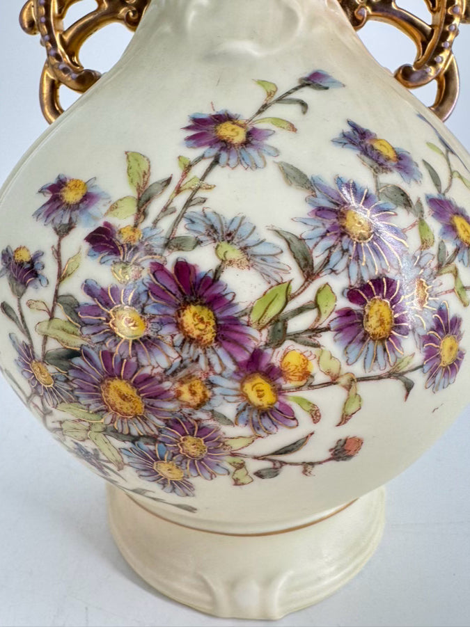 GERMANY-RUDOLSTADT Cream & Purple Flowers Porcelain Vase