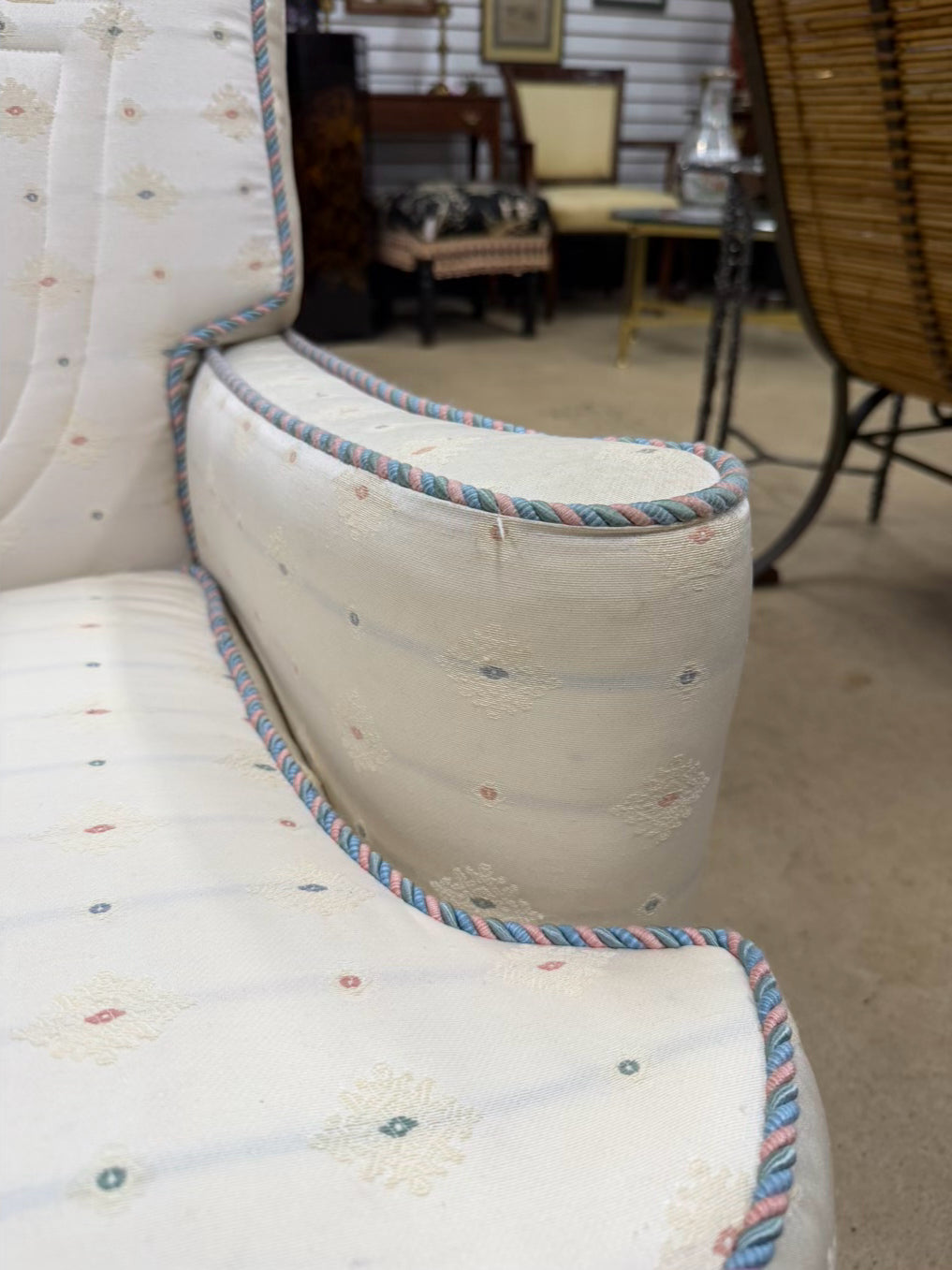 VINTAGE French White, Pink & Blue Pair Of Chairs w/ Braid Trim