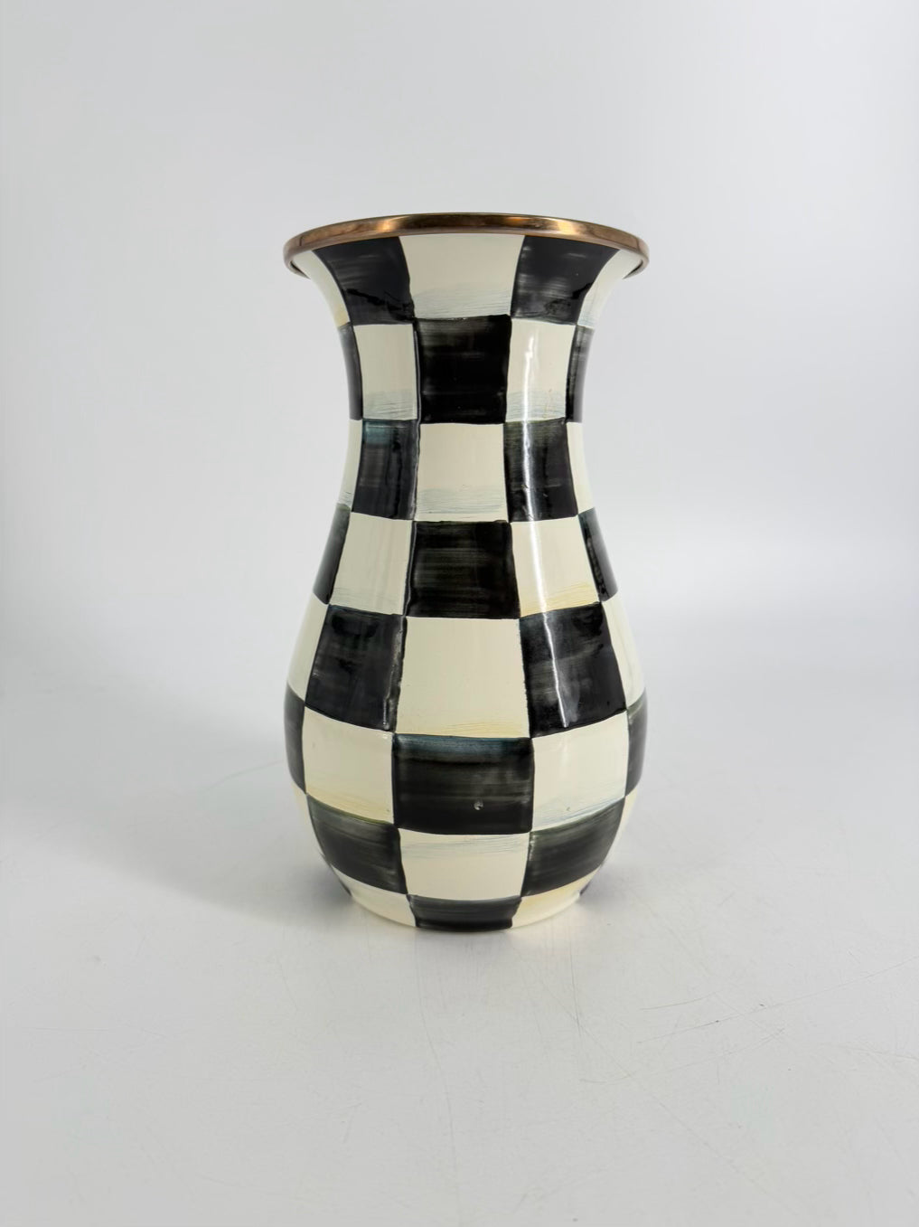 MACKENZIE CHILDS Courtly Check Black & Cream Metal Vase w/ Brass Rim