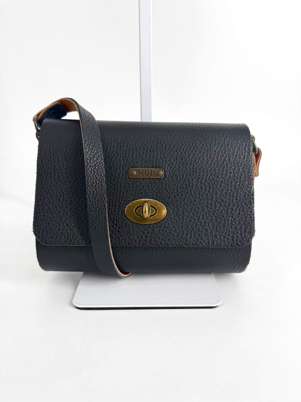 MUD Mini Pear Black Leather & Cork Crossbody Bag w/ Gold Tone Hardware