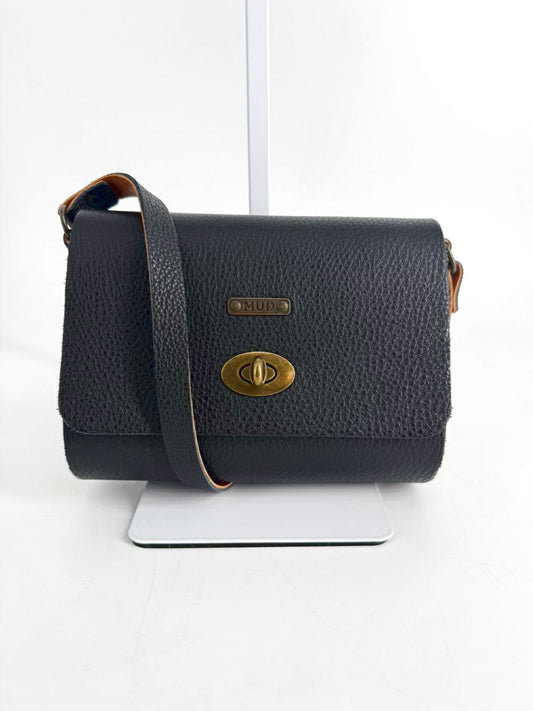 MUD Mini Pear Black Leather & Cork Crossbody Bag w/ Gold Tone Hardware