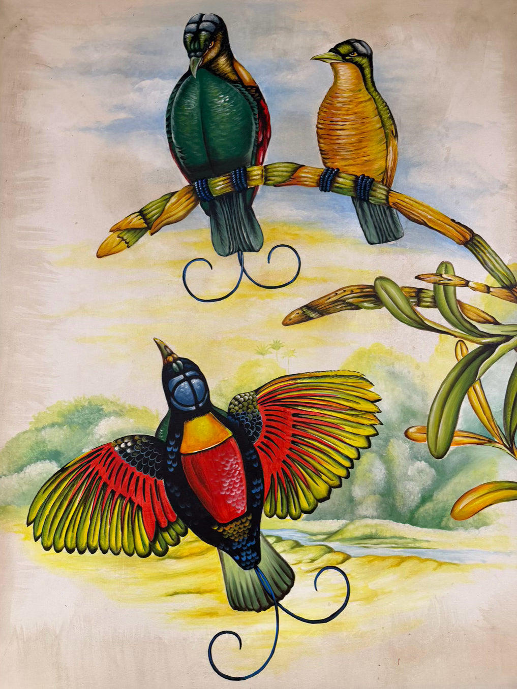 Large Tropical Birds Painting In Wood Frame