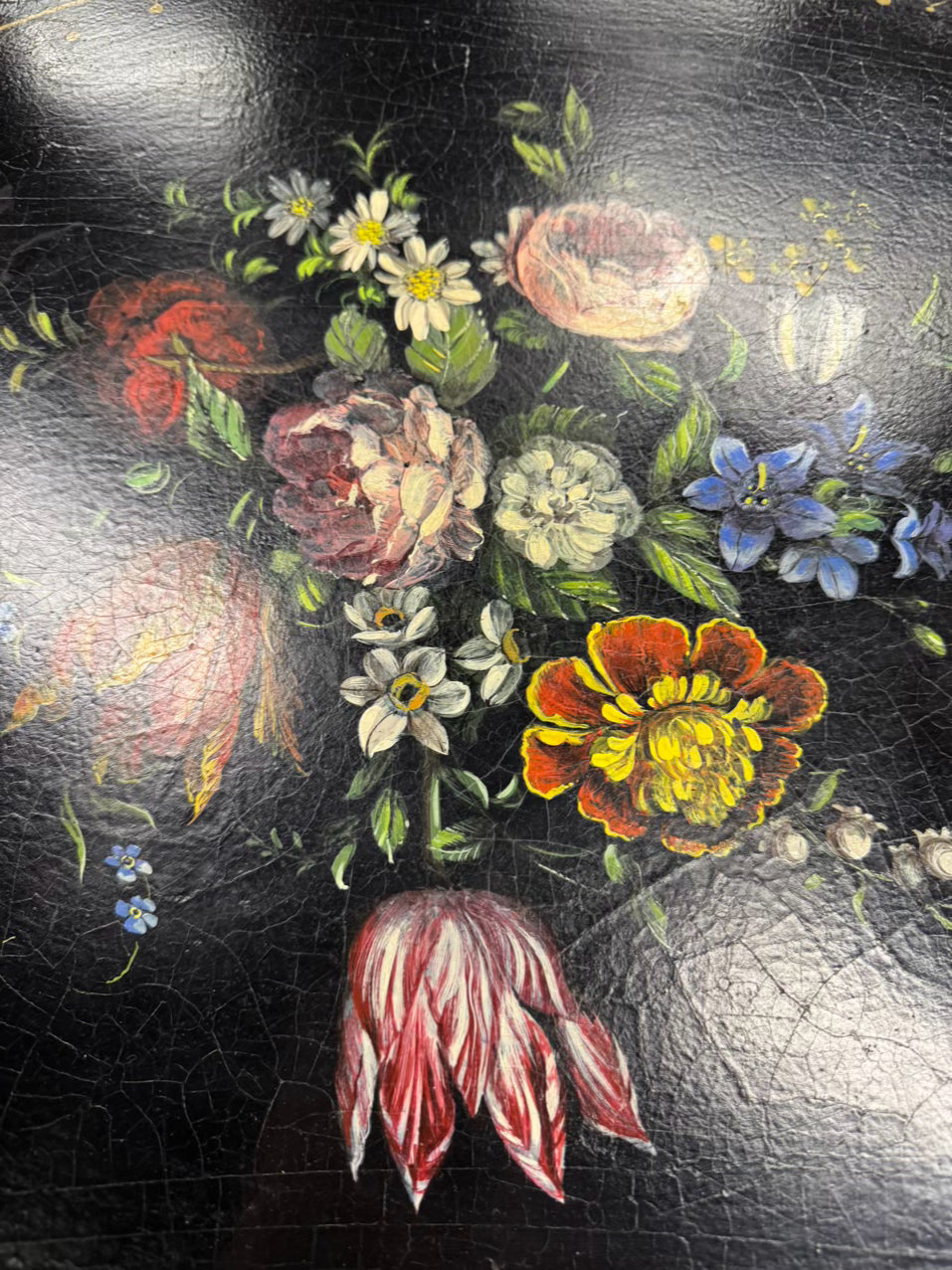 VINTAGE Wood Painted Black Flowers Coffee Table w/ Removable Tray