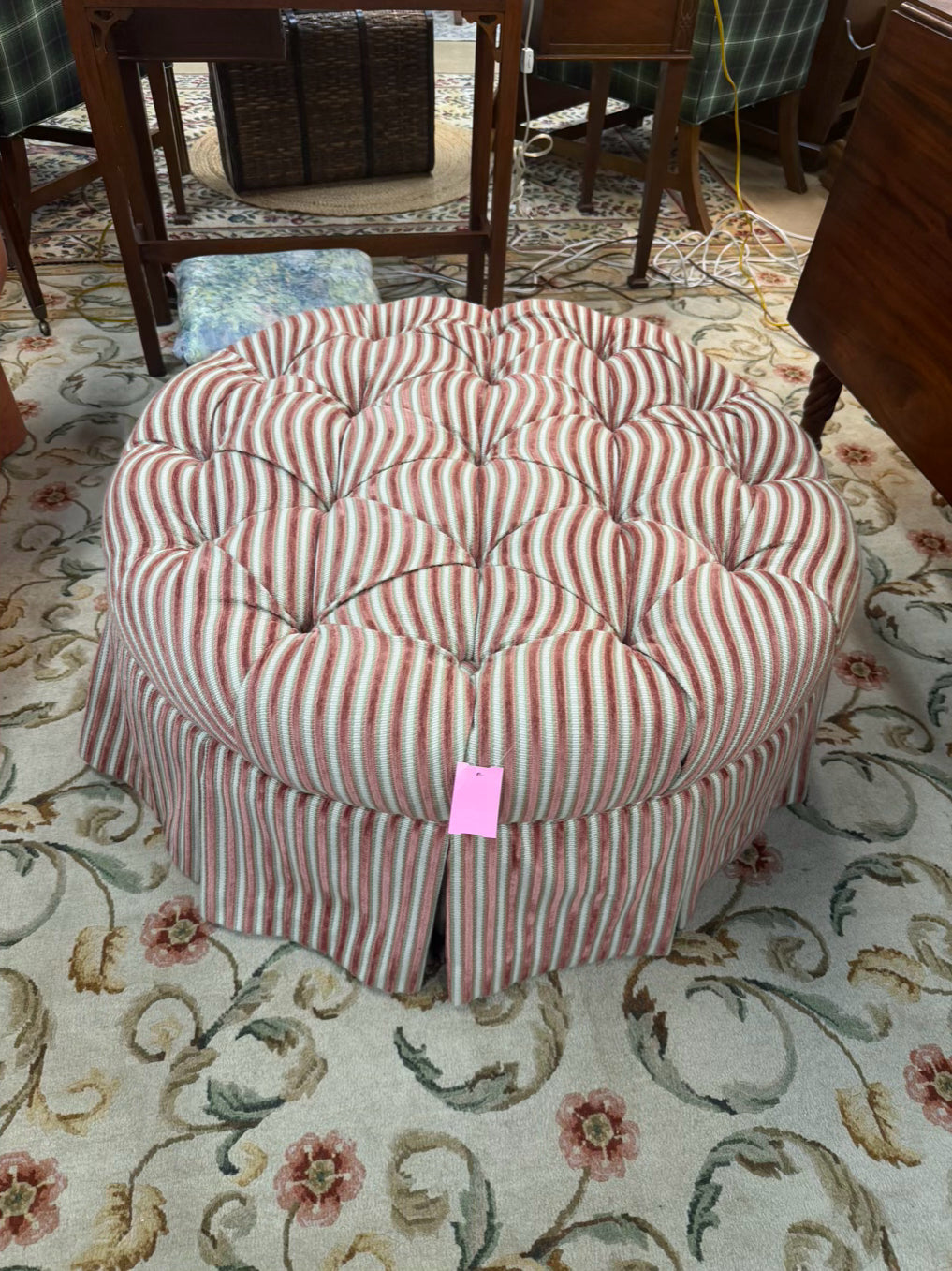 Pink, Green & White Tufted Stripe Ottoman