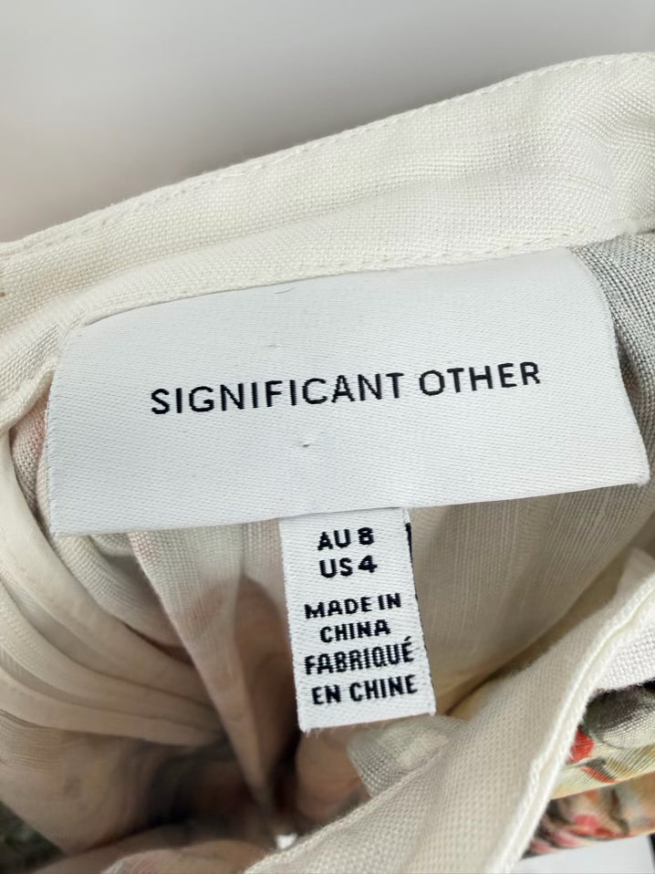 SIGNIFICANT OTHER Size 4 Green & Coral Linen Blend Backless Maxi-Dress