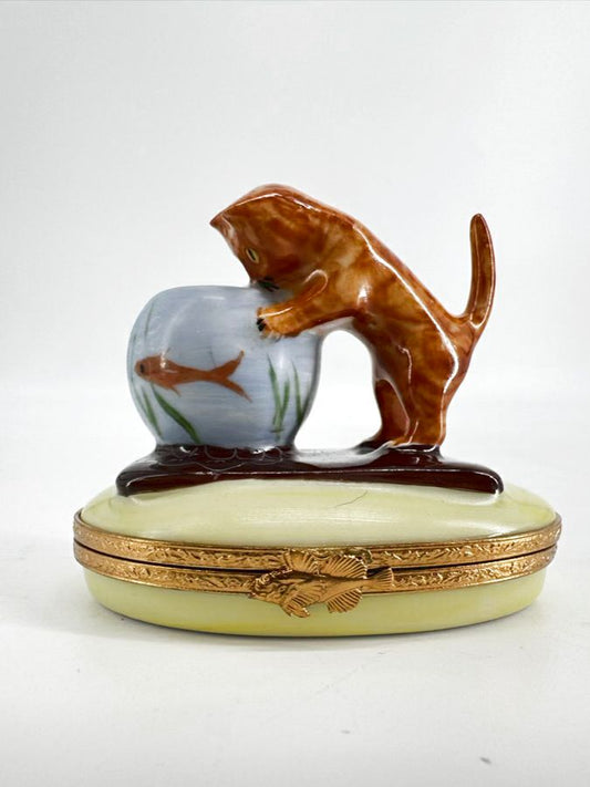 LIMOGES Orange & Blue Cat & Fishbowl Ceramic Trinket Box