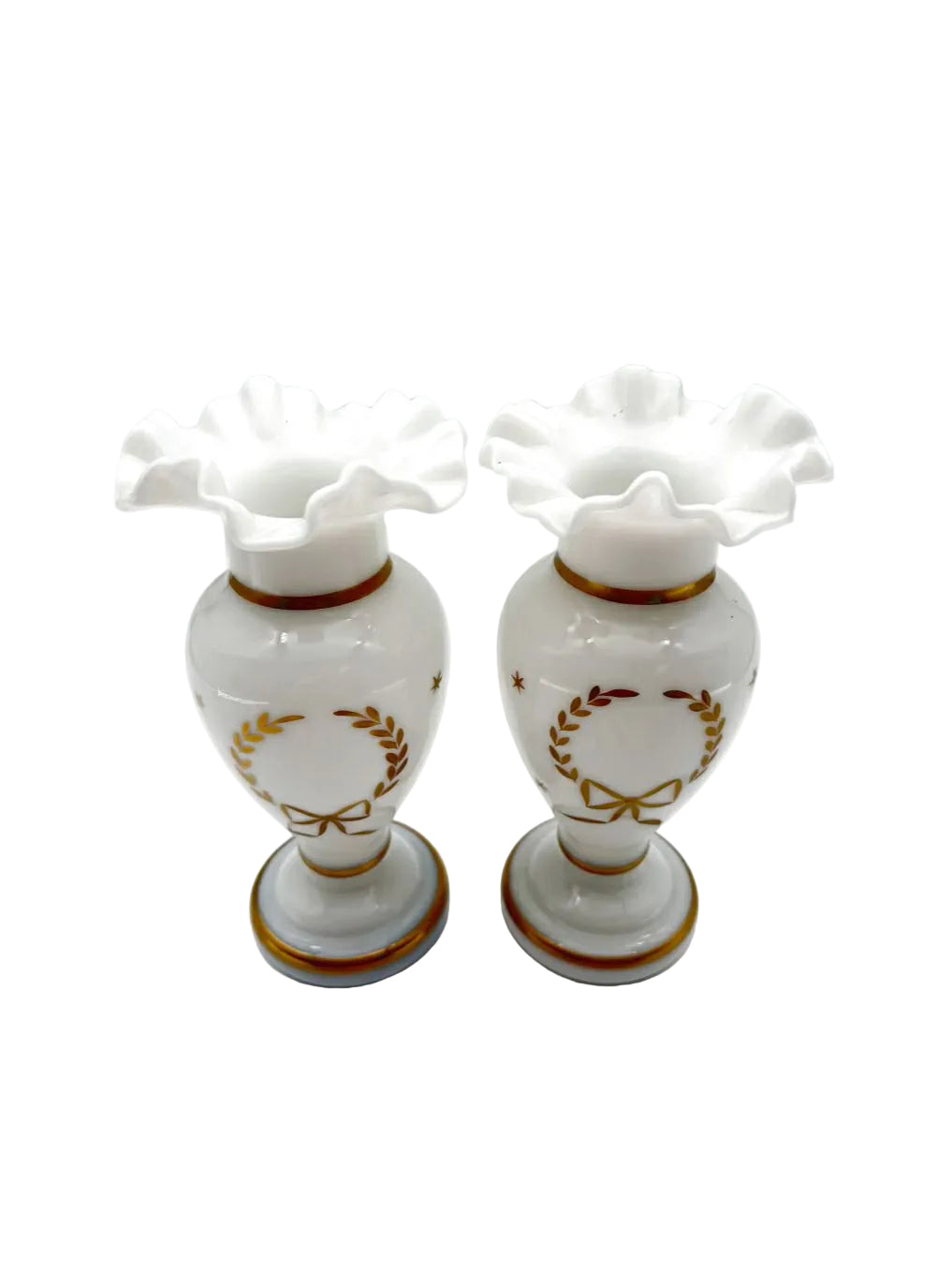 VINTAGE White Opaline Pair Of Vases w/ Ruffled Top & Gold Trim