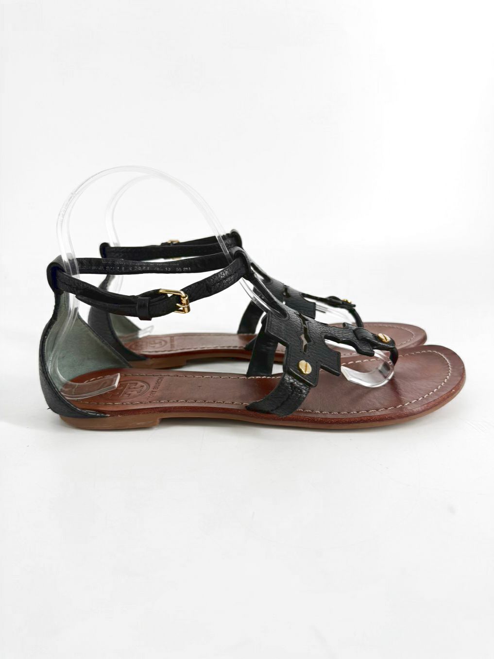 TORY BURCH Size 8 Black Leather Monogram Sandals