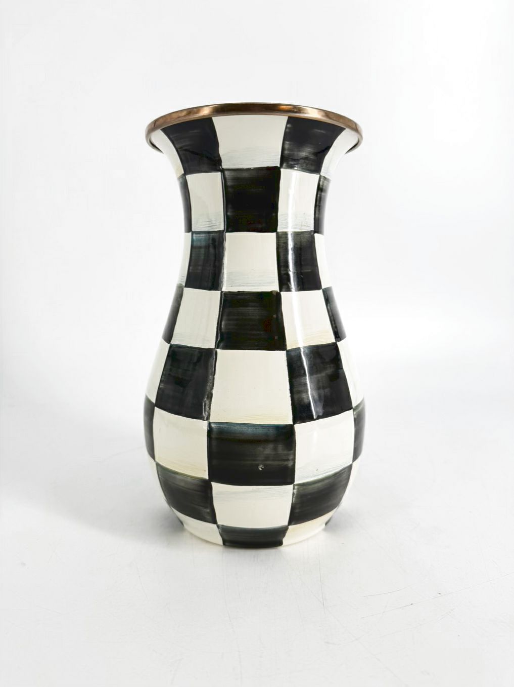 MACKENZIE CHILDS Courtly Check Black & Cream Metal Vase w/ Brass Rim