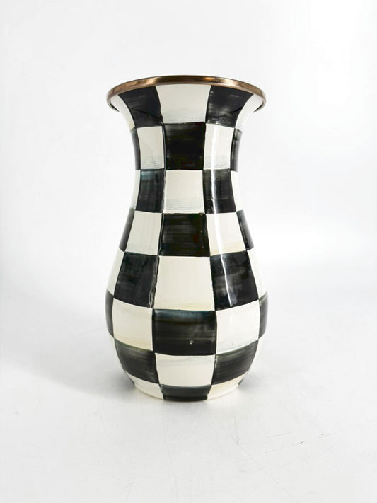MACKENZIE CHILDS Courtly Check Black & Cream Metal Vase w/ Brass Rim