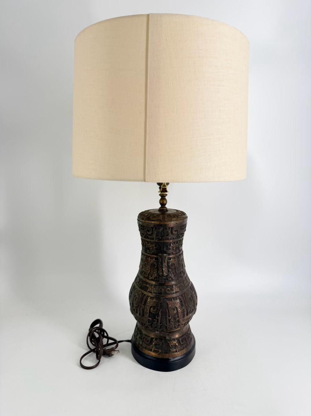 Bronze Asian Wine Vessel Style Lamp w/ Shade