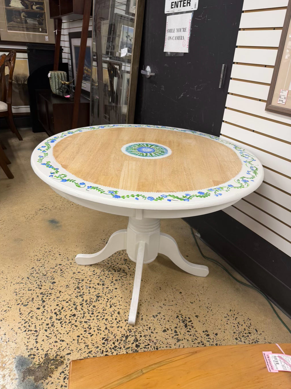 Blue, White & Green Natural Wood Hand Painted Boarder Round Table