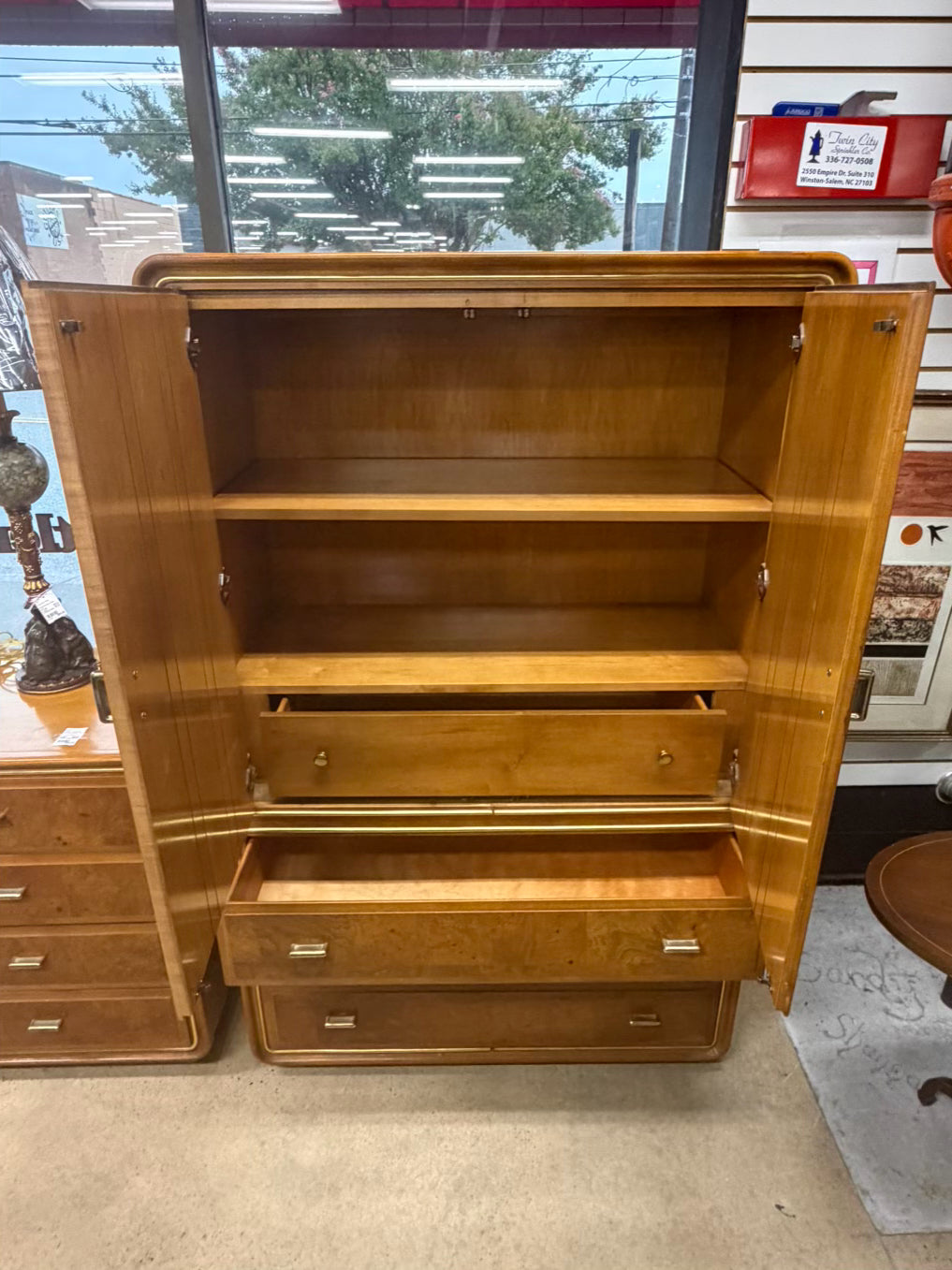 AMERICAN OF MARTINSVILLE  Wood Mid-Century Modern Armoire w/ Drawers & Shelves