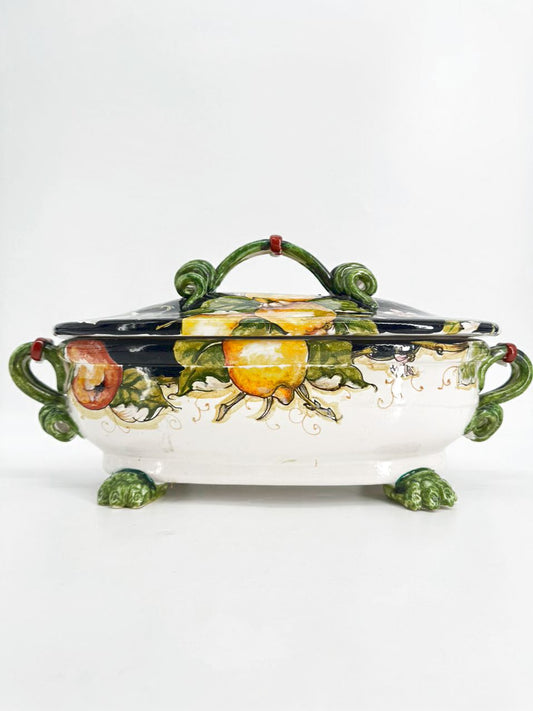 PORTUGAL Black, Green & Yellow Fruit Ceramic Footed Tureen w/ Lid