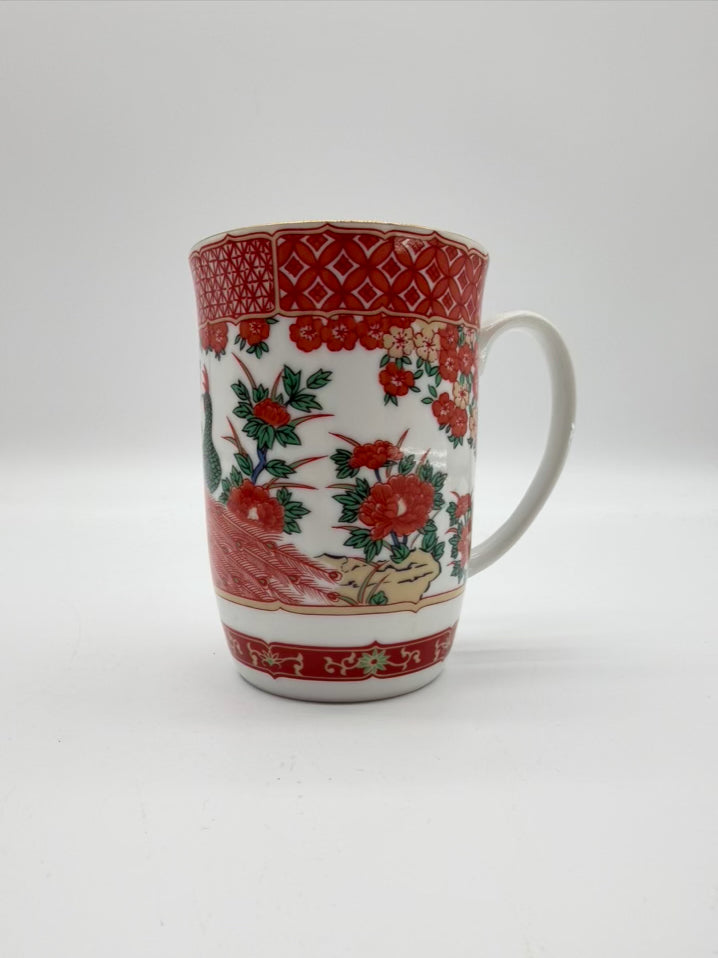 GUMPS Rust, White & Green Porcelain Set Of 12 Peacock Mugs