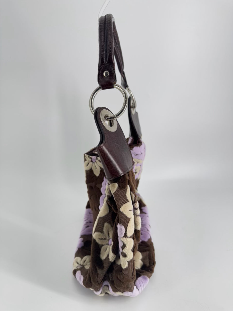 GLENDA GIES Purple & Brown Floral Velvet & Leather Purse