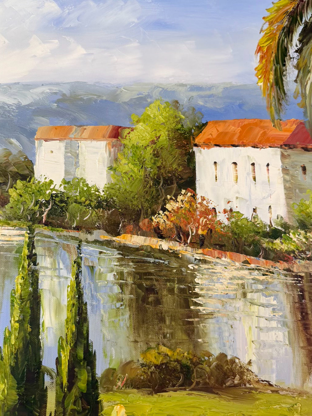 SIGNED Homes By The Lake Painting In Bronze Tone Frame