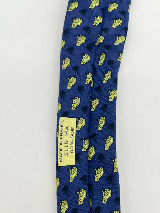 HERMES Blue & Green Frog Motif Silk Tie